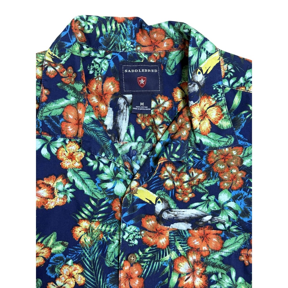 Saddlebred‎ Shirt Mens Medium Blue Toucan Floral Hawaiian Button Front Cotton